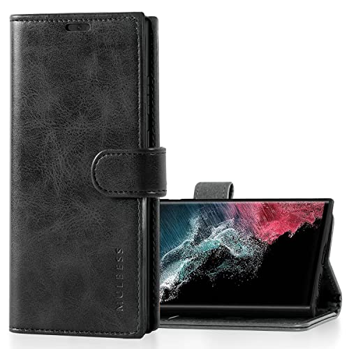 Mulbess Hülle für Samsung Galaxy S22 Ultra 5G Handyhülle, Flipcase mit Stand Funktion, TPU Stoßfeste, Etui Karten Schutzhülle, Vintage Schwarz von Mulbess