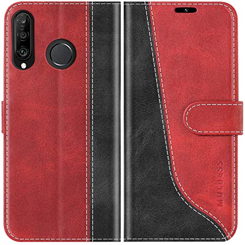 Mulbess Klapphülle für Huawei P30 Lite / P30 Lite New Edition Schutz Case, Kunstleder Handy-Hülle mit Kick-Ständer, Kartenetui, Bookcase, Stilvoll Wein Rot von Mulbess