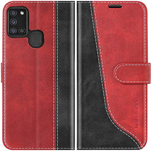 Mulbess Klapphülle für Samsung Galaxy A21S Schutz Case, Kunstleder Handy-Hülle mit Kick-Ständer, Kartenetui, Bookcase, Stilvoll Wein Rot von Mulbess