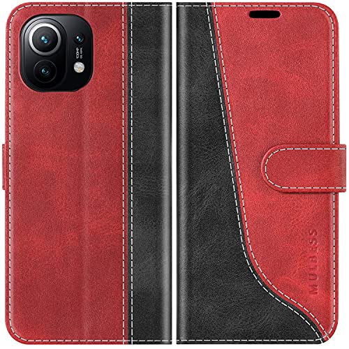 Mulbess Klapphülle für Xiaomi Mi 11 5G Schutz Case, Kunstleder Handy-Hülle mit Kick-Ständer, Kartenetui, Bookcase, Stilvoll Wein Rot von Mulbess