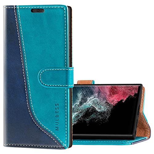 Mulbess Schutzhülle für Samsung Galaxy S22 Ultra 5G Hülle, PU Leder Handytasche mit Kartenfächern, Flip Smart Cover, Magnetische Handyhülle, Stilvoll Mint Blau von Mulbess