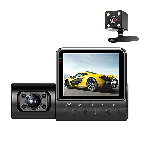 Mulcort 1080P DVR-Dash-Kamera, 3-Linsen-Kamera vorne, innen und hinten, Fahrrekorder, 2-Zoll-Bildschirm, Dashcam, unterstützt Nachtsicht/Bewegungserkennung/Loop-Aufnahme von Mulcort