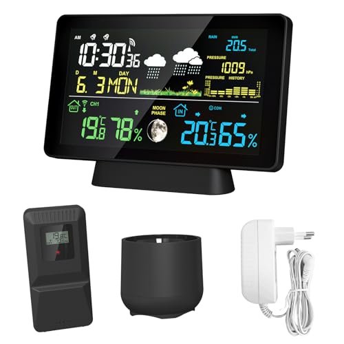 Mulcort 7,5 Zoll Farbdisplay Wetterstation, Regenmesser, Temperatur- und Luftfeuchtigkeitszähler Innen und Außen, Wetterstation mit Mondphasenanzeige, Druckanzeige Mulcort 7,5 Zoll Farbdisplay Wetterstation, Regenmesser, Temperatur- und Luftfeuchtigkeitszähler Innen und Außen, Wetterstation mit Mondphasenanzeige, Druckanzeige von Mulcort