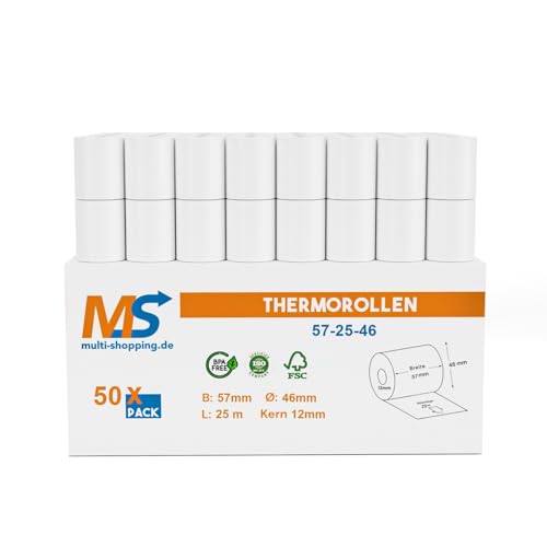 50x Kassenrollen/Thermorollen/Bonrollen 57mm x 25m x 12mm Bpa frei für alle gängigen Thermo Kassen-Bondrucker B: 57mm x L: 25m Ø45mm von Multi-Shopping