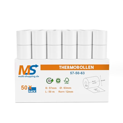 50x Kassenrollen/Thermorollen/Bonrollen 57mm x 50m x 12mm Bpa frei für alle gängigen Thermo Kassen-Bondrucker B: 57mm x L: 50m Ø61mm von Multi-Shopping