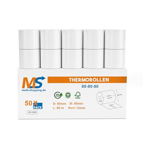 50x Kassenrollen/Thermorollen/Bonrollen 80mm x 80m x 12mm Bpa frei 48gsm/ für alle gängigen Thermo Kassen-Bondrucker B: 80mm x L: 80m Ø80mm von Multi-Shopping