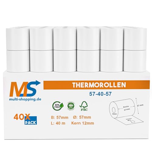 Kassenrollen/Thermorollen/Bonrollen 57mm x 40m x 12mm Bpa frei für alle gängigen Thermo Kassen-Bondrucker B: 57mm x L: 40m Ø57mm (40) von Multi-Shopping