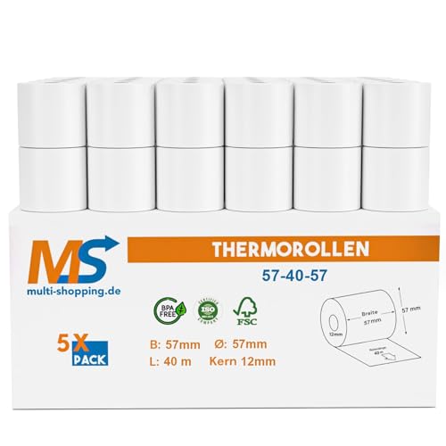 Kassenrollen/Thermorollen/Bonrollen 57mm x 40m x 12mm Bpa frei für alle gängigen Thermo Kassen-Bondrucker B: 57mm x L: 40m Ø57mm (5) von Multi-Shopping