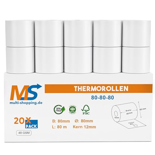 Kassenrollen/Thermorollen/Bonrollen 80mm x 80m x 12mm Bpa frei 48gsm/ für alle gängigen Thermo Kassen-Bondrucker B: 80mm x L: 80m Ø80mm (20) von Multi-Shopping