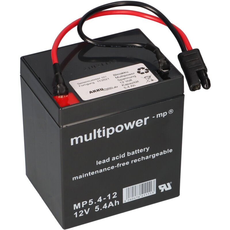 Multipower Blei Akku Gel AGM Technik 12V 5,4Ah mit Stecker für Rasenmäher z.B. Sabo 43-Vario E Toro Briggs Stratton von Multipower