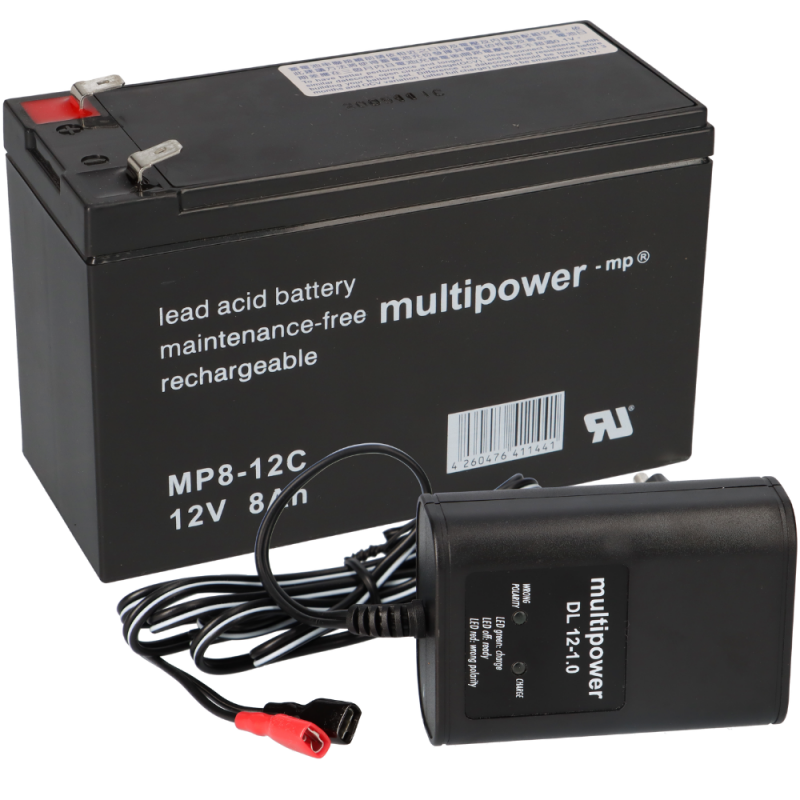 SET Multipower Blei-Akku MP8-12C Pb 12V / 8Ah + Ladegerät von Multipower