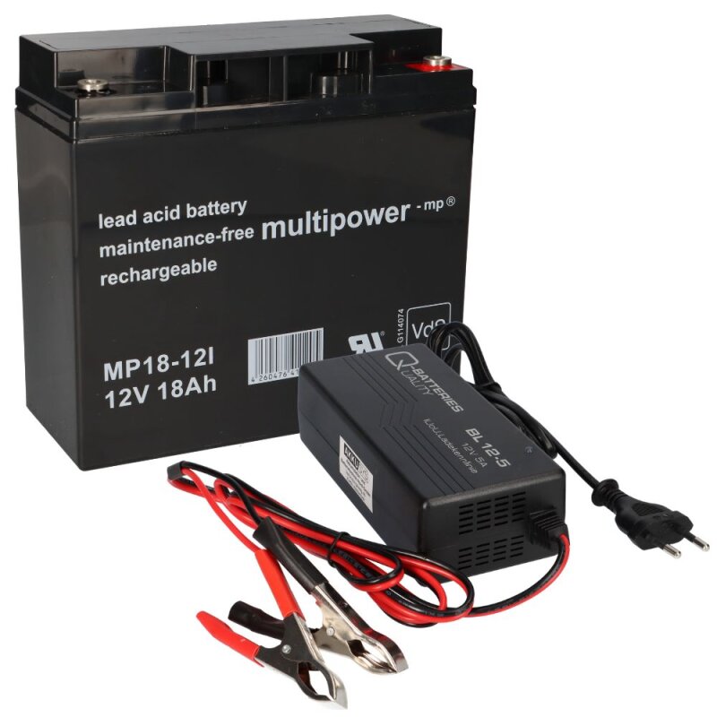 Set Q-Batteries BL 12-5 Ladegerät 5A + Multipower MP18-12 Batterie Bleigel Akku 12V 18Ah 17Ah von Multipower