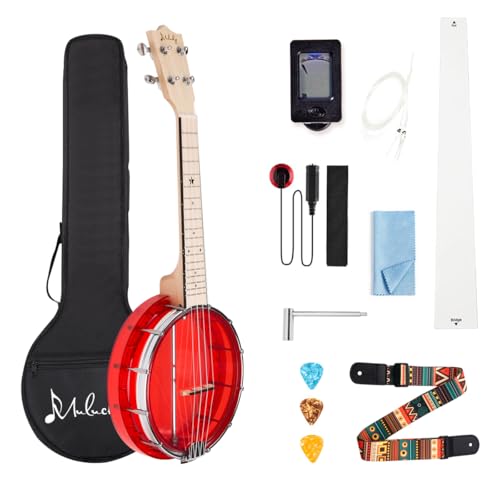 Mulucky Banjolele mit 4 Saiten, Banjo-Ukulele, Konzertgröße, 58,4 cm, Anfänger-Set mit Halsstab, Gigbag, Stimmgerät, Saitengurt, Plektren – BU80R Mulucky Banjolele mit 4 Saiten, Banjo-Ukulele, Konzertgröße, 58,4 cm, Anfänger-Set mit Halsstab, Gigbag, Stimmgerät, Saitengurt, Plektren – BU80R von Mulucky