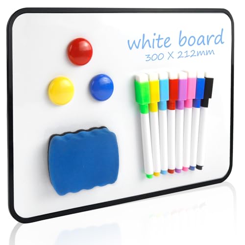 Whiteboard Klein 30 x 21 cm Doppelseitige Whiteboard Magnetisch Trocken Abwischbare Tafel Weiß A4 Schreibtafel mit 8 Stiften 3 Magneten und 1Radiergummi für Küche Schule Büro von Mumjooyi