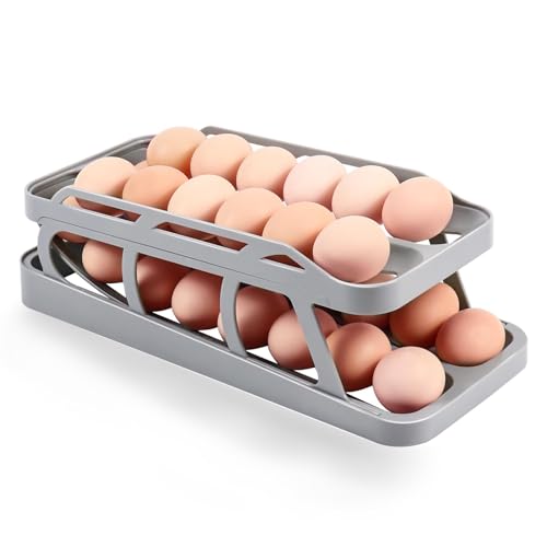 Mupopy Eierhalter Kühlschrank, Zweireihig Eier Aufbewahrung Kühlschrank, Doppelter Automatischer Eierhalter, Rolldown-Eier-Organizer, Platzsparende Eierbox für Küche (Gray) von Mupopy