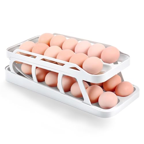 Mupopy Eierhalter Kühlschrank, Zweireihig Eier Aufbewahrung Kühlschrank, Doppelter Automatischer Eierhalter, Rolldown-Eier-Organizer, Platzsparende Eierbox für Küche (Weiß) von Mupopy