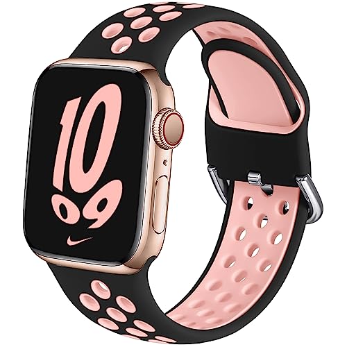 Getue Muranne Sport Band Compatible with Apple Watch 40mm 38mm SE iWatch Series 6 5 4 3 2 1, Cute Breathable Soft Silicone Sport Replacement Wristband for Women Men, Black/Pink, S/M von Muranne