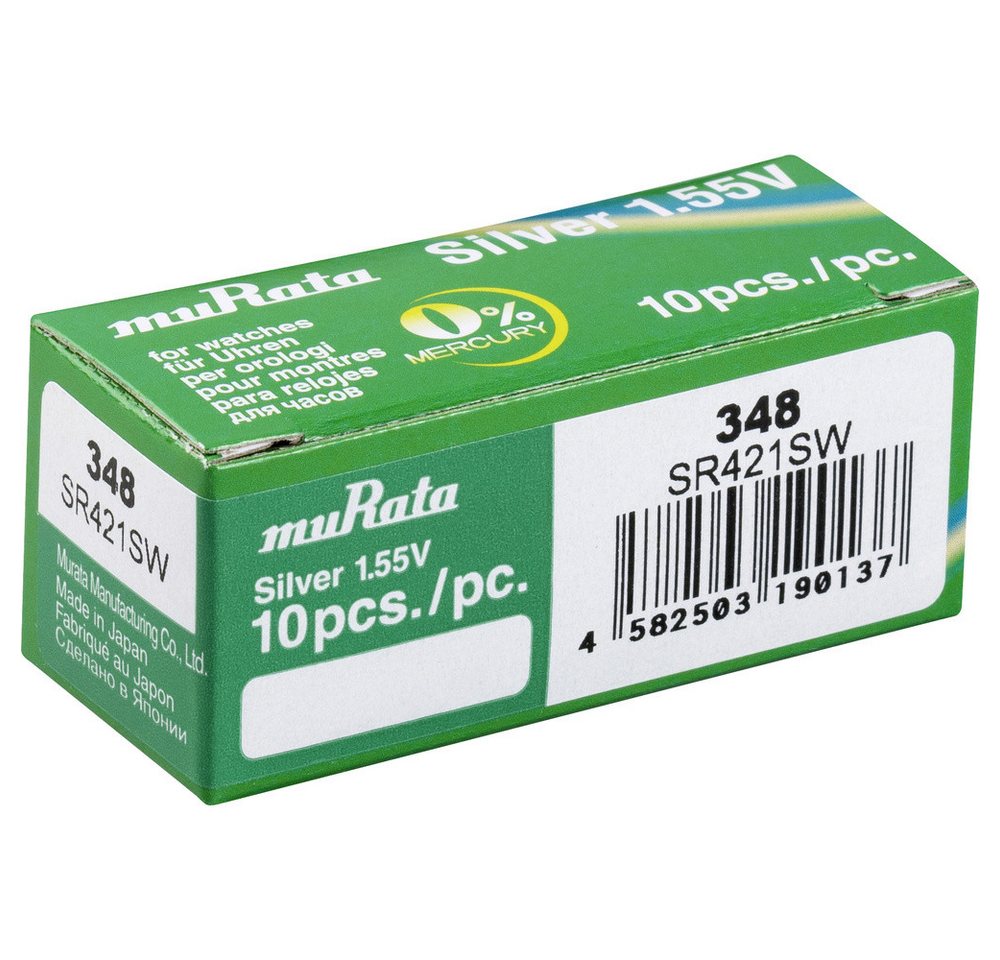 Murata Murata Knopfzelle 348 1.55 V 10 St. 12.5 mAh Silberoxid SR421SW-PBWW Knopfzelle, (1.55 V) von Murata