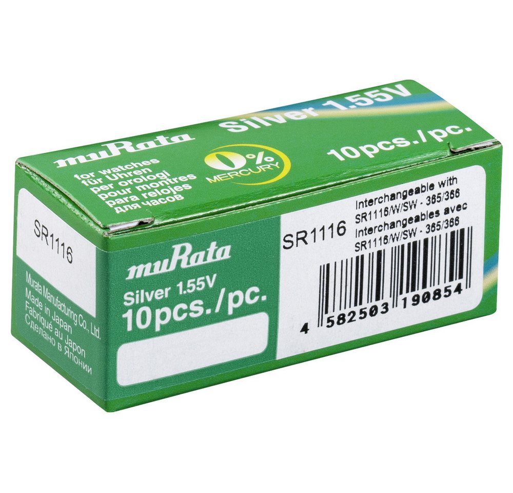 Murata Murata Knopfzelle 366 1.55 V 10 St. 30 mAh Silberoxid SR1116-PBWW Knopfzelle, (1.55 V) von Murata