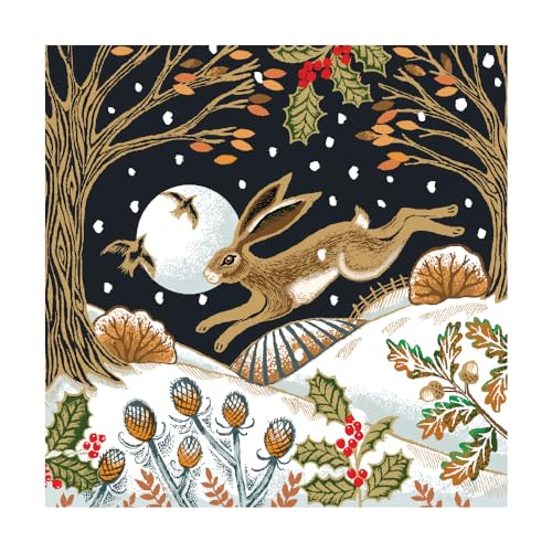 Museums & Galleries Weihnachtskarten für Wohltätigkeitsorganisationen – springender Hase im verschneiten Wald – umweltfreundlich und recycelbar, 8 Stück von Museums & Galleries