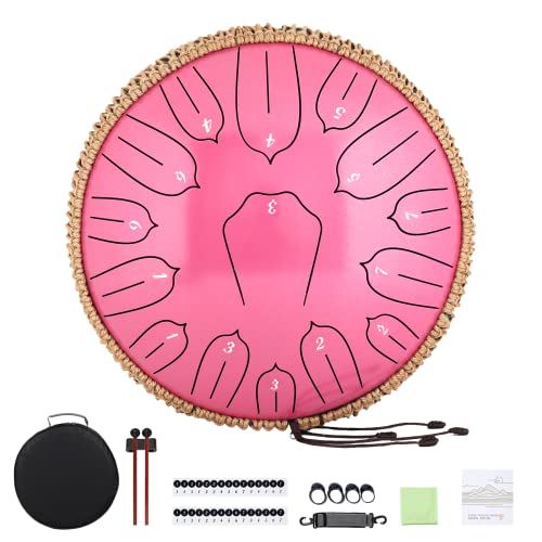 Musfunny Steel Tongue Drum, 12 Zoll 15 Tone Zungentrommel Handpan Trommel, D-Dur Steel Pan Töne Schlaginstrument mit Musikbuch Tragetasche Schlägel für Meditation Yoga Konzert (30.5 cm, Rosa) von Musfunny