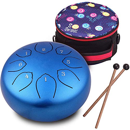 Musfunny Tongue Drum 8 Noten 6 Zoll Zungentrommel C-Key Steel Pan Percussion Instrument Handpan Trommel mit Tasche, Paar Mallets Wischen Tuch für Musikpädagogik Konzert Yoga (Blau) von Musfunny