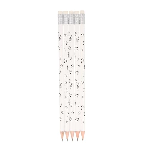 Musikboutique, Bleistifte mit Radiergummi, Noten und Musikzeichen, schwarz oder weiß, 5er-Packung (Weiß) von Musikboutique