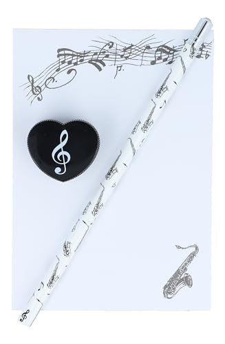 musikalisches Schreibset Bleistift, Herzform-Spitzer und DIN A6-Block (Saxophon) von Musikboutique