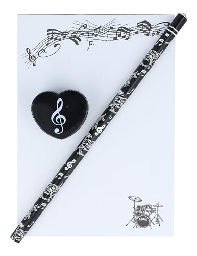musikalisches Schreibset Bleistift, Herzform-Spitzer und DIN A6-Block (Schlagzeug) von Musikboutique