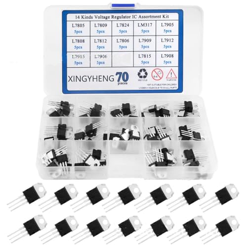 Mustpoint TO-220 14 Werte gekapselter drei-Terminal-Spannungsregler-Stromkreis, Hochstrom-Positiver Spannungsregler-Sortiment-Kit L7805 7812 7905 7912 LM317T, 70 Stück von Mustpoint