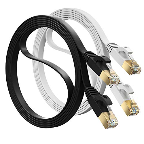 MutecPower 2m 2 Pack Ultra FLACHES Cat 7 Ethernet Netzwerkkabel mit RJ45 Steckern - SFTP - 600 MHz - 2 Meter Schwarz und Weiße Kabel mit Kabelbindern und Clips von MutecPower