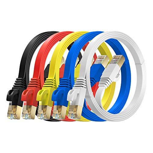 MutecPower 2m 5 Pack Ultra FLACHES Cat 7 Ethernet Netzwerkkabel mit RJ45 Steckern - SFTP - 600 MHz - 2 Meter rot/gelb/blau/schwarz/weiße Kabel mit Kabelbindern und Clips von MutecPower