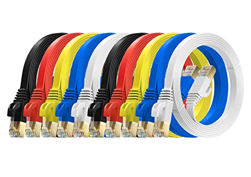 MutecPower 3m 10 Pack Ultra FLACHES Cat 7 Ethernet Netzwerkkabel mit RJ45 Steckern - SFTP - 600 MHz - 3 Meter rot/gelb/blau/schwarz/weiße Kabel mit Kabelbindern und Clips von MutecPower