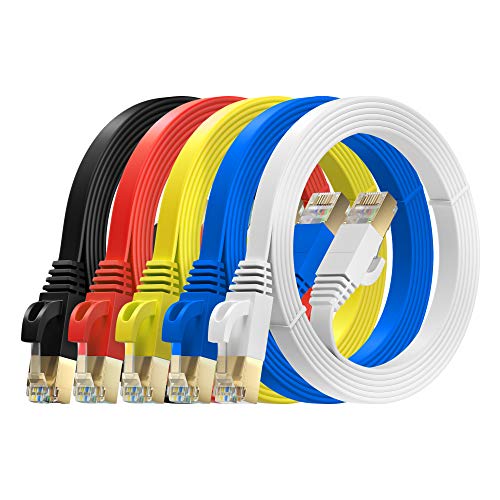 MutecPower 3m 5 Pack ULTRA FLACHES Cat 7 Ethernet Netzwerkkabel mit RJ45 Steckern - SFTP - 600 MHz - 3 meter rot/gelb/blau/schwarz/weiße Kabel mit Kabelbindern und Clips von MutecPower