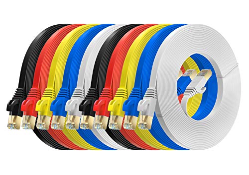MutecPower 5m 10 Pack ULTRA FLACHES Cat 7 Ethernet Netzwerkkabel mit RJ45 Steckern - SFTP - 600 MHz - 5 meter rot/gelb/blau/schwarz/weiße Kabel mit Kabelbindern und Clips von MutecPower