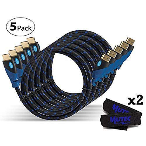 MutecPower Premium - High Speed HDMI Kabel mit Ethernet 2m 5 Stück - Mit Zwei Klett-Kabelbinder (unterstützt Full HD 3D & Audio Return Channel) - 2 Meter - 5 Stück Blau Geflochten von MutecPower