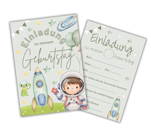 Astronaut Einladungskarten Kindergeburtstag – 12er Set | Weltraum Einladungskarten für Jungen & Mädchen | Stabil auf 350g Papier | Perfekt für Raketen-Abenteuer & coole Geburtstagsfeiern (Astronaut) von Mutzauber