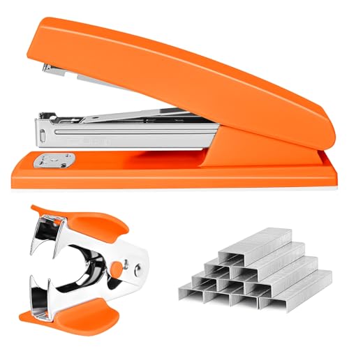 Heftgerät 25 Blatt Kapazität mit 1000 Heftklammern und Klammerentferner - Hefter für Schreibtisch, rutschfester Bürohefter mit Heftklammern, Orange von Muxdilu