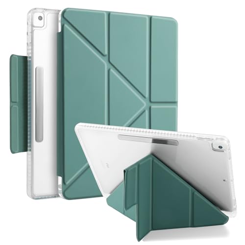 MuyDoux Hülle Origami für iPad 10,2 Zoll 9. 8. 7. Generation 2021/2020/2019 mit Stifthalter, 5-in-1 Mehrere Betrachtungswinkel, mit Magnetverschluss, Glasklare Durchsichtig Acryl Rückseite, Nachtgrün von MuyDouxTech