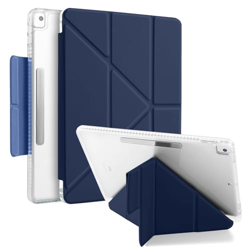 MuyDoux Hülle Origami für iPad 10,2 Zoll 9. 8. 7. Generation 2021/2020/2019 mit Stifthalter, 5-in-1 Mehrere Betrachtungswinkel, mit Magnetverschluss, Glasklare Durchsichtig Rückseite, Dunkelblau von MuyDouxTech