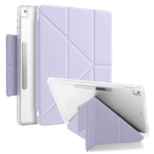 MuyDoux Hülle Origami für iPad 10,2 Zoll 9. 8. 7. Generation 2021/2020/2019 mit Stifthalter, 5-in-1 Mehrere Betrachtungswinkel, mit Magnetverschluss, Glasklare Durchsichtig Rückseite, Hellviolett von MuyDouxTech