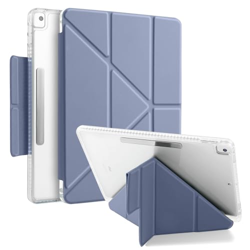 MuyDoux Hülle Origami für iPad 10,2 Zoll 9. 8. 7. Generation 2021/2020/2019 mit Stifthalter, 5-in-1 Mehrere Betrachtungswinkel, mit Magnetverschluss, Glasklare Durchsichtig Rückseite, Lavendelgrau von MuyDouxTech