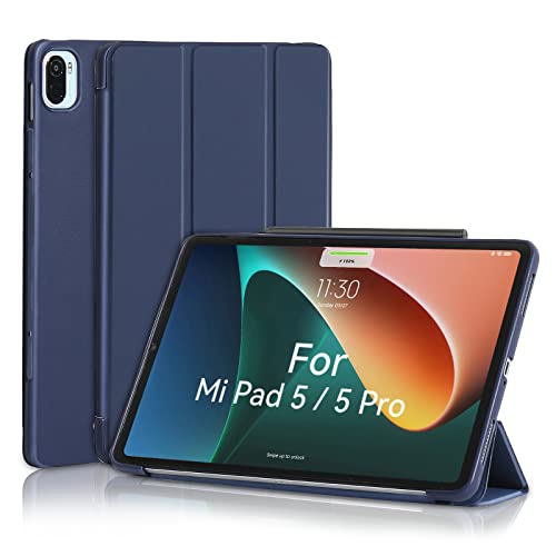 MuyDoux Hülle für Xiaomi Mi Pad 5/5 Pro 11 Zoll 2021, Glatte Vorderklappe und weiche rückseitige Abdeckung, automatisches Aktivieren/Deaktivieren, an DREI Stellen Faltbare, dünne, dunkelblau von MuyDouxTech