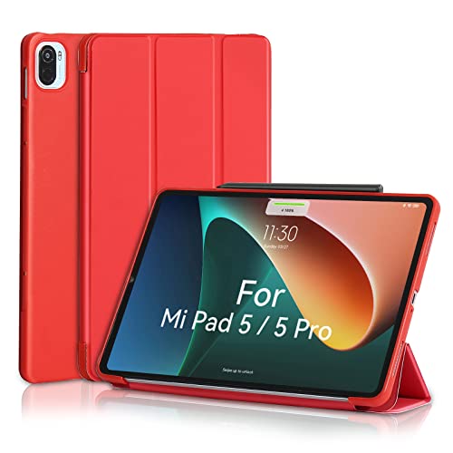 MuyDoux Hülle für Xiaomi Mi Pad 5/5 Pro 11 Zoll 2021, Glatte Vorderklappe und weiche rückseitige Abdeckung, automatisches Aktivieren/Deaktivieren, an DREI Stellen Faltbare, dünne, rot von MuyDouxTech