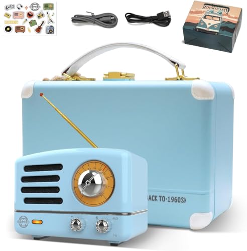 Muzen OTR-Metal Retro Bluetooth Lautsprecher, Tragbare Bluetooth Speaker Klein mit Radio FM AUX, Vintage Musikbox mit Geschenkbox Geschenktüten, Geschenk für Frauen/Männer (Blau) von Muzen