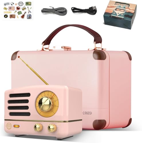 Muzen OTR-Metal Retro Bluetooth Lautsprecher, Tragbare Bluetooth Speaker Klein mit Radio FM AUX, Vintage Musikbox mit Geschenkbox Geschenktüten, Geschenk für Frauen Männer (Rosa) von Muzen