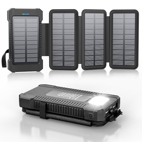 Solar Powerbank 26800 mAh mit 4 Solarpanel, Powerbank USB-C Schnellladung für iPhone Samsung und mehr, IPX7 wasserdichte Outdoor Externe Akkus mit Taschenlampen-Dauerlicht/SOS/Stroboskop (Schwarz) von Mvpkings