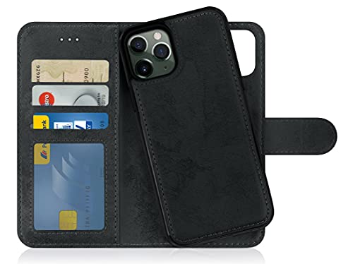 MyGadget Flip Case für iPhone 11 Pro - [ abnehmbare Magnet Hülle ] - Handyhülle aus Kunstleder - [ Klapphülle mit Kartenfach ] Schutzhülle in Grau Schwarz von MyGadget