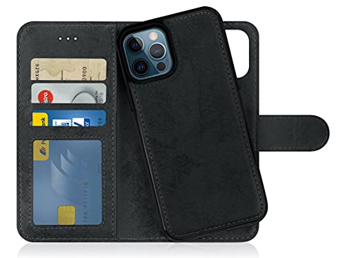 MyGadget Flip Case für iPhone 12 Pro Max - [ abnehmbare Magnet Hülle ] - Handyhülle aus Kunstleder - [ Klapphülle mit Kartenfach ] Schutzhülle in Grau Schwarz von MyGadget