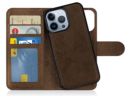 MyGadget Flip Case für iPhone 14 Pro - [ abnehmbare Magnet Hülle ] - Handyhülle aus Kunstleder - [ Klapphülle mit Kartenfach ] Schutzhülle in Braun von MyGadget